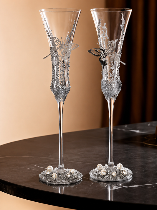 Silver Butterfly Luxe Champagne Glass Pair โ Minimalist Couple Gift