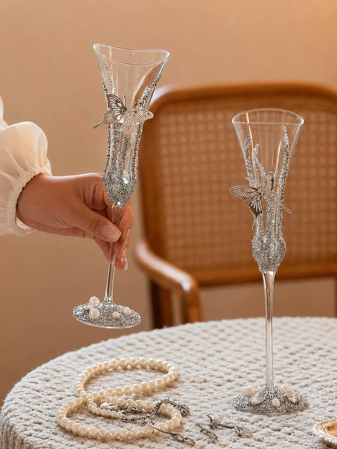 Silver Butterfly Luxe Champagne Glass Pair – Minimalist Couple Gift