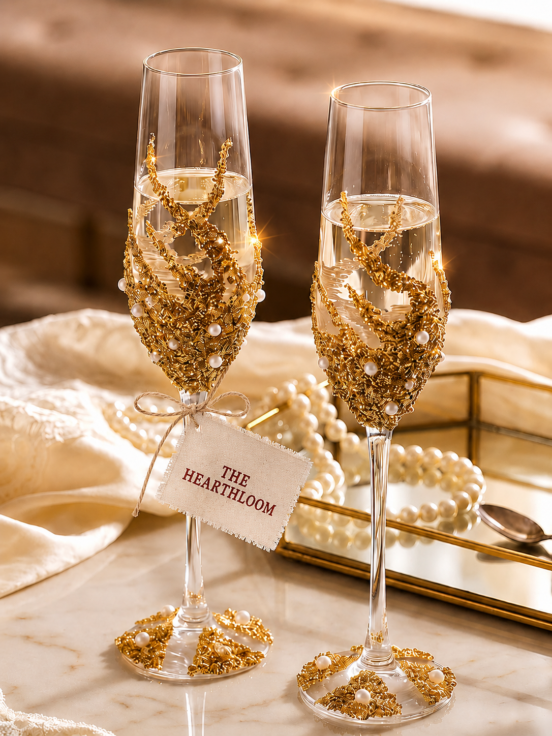 Starlit Gold Sparkle Crystal Flutes – Handcrafted Wedding Pair
