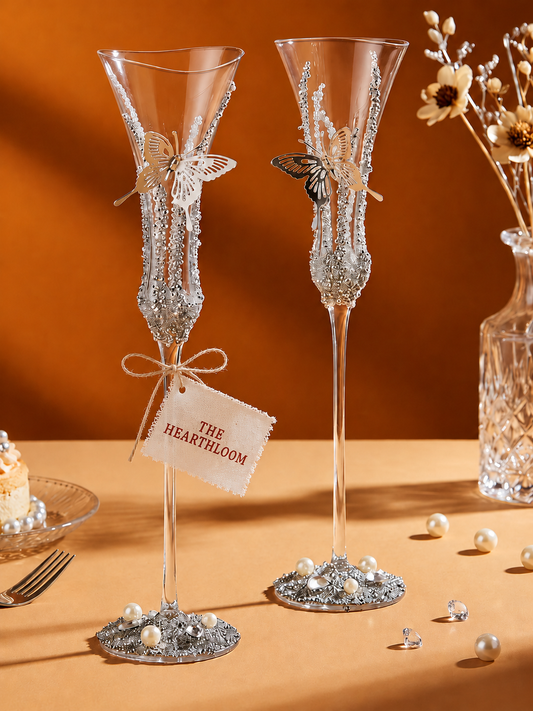 Silver Butterfly Luxe Champagne Glass Pair – Minimalist Couple Gift
