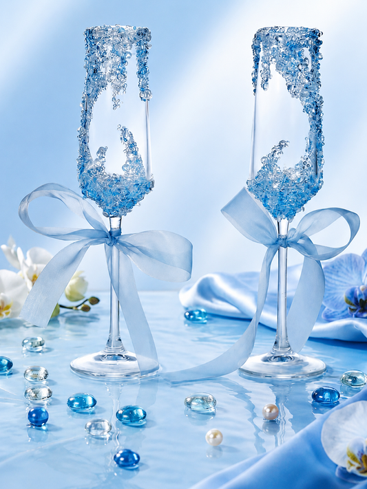 Arctic Blue Frost Crystal Champagne Flutes – Bridal Celebration Set
