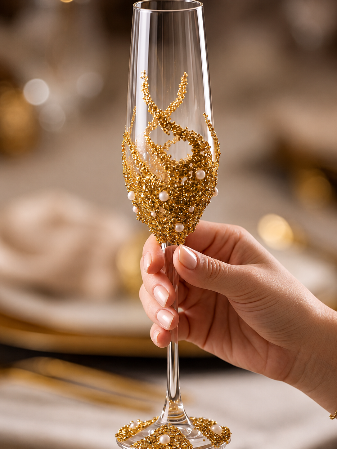 Starlit Gold Sparkle Crystal Flutes – Handcrafted Wedding Pair