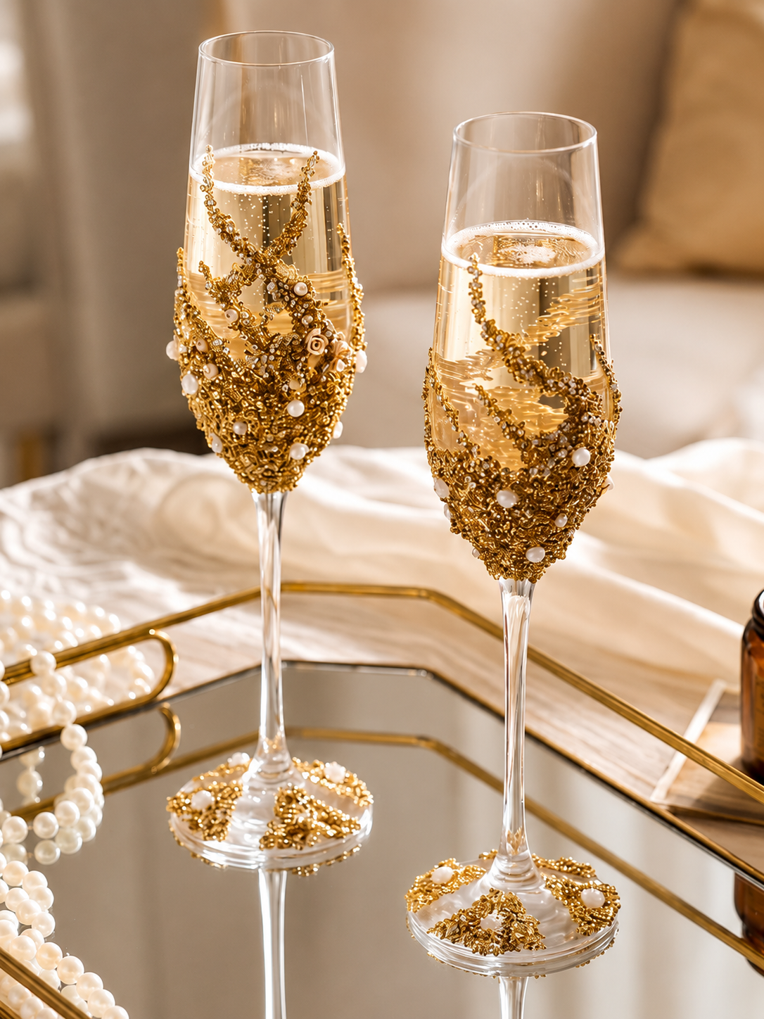 Starlit Gold Sparkle Crystal Flutes – Handcrafted Wedding Pair