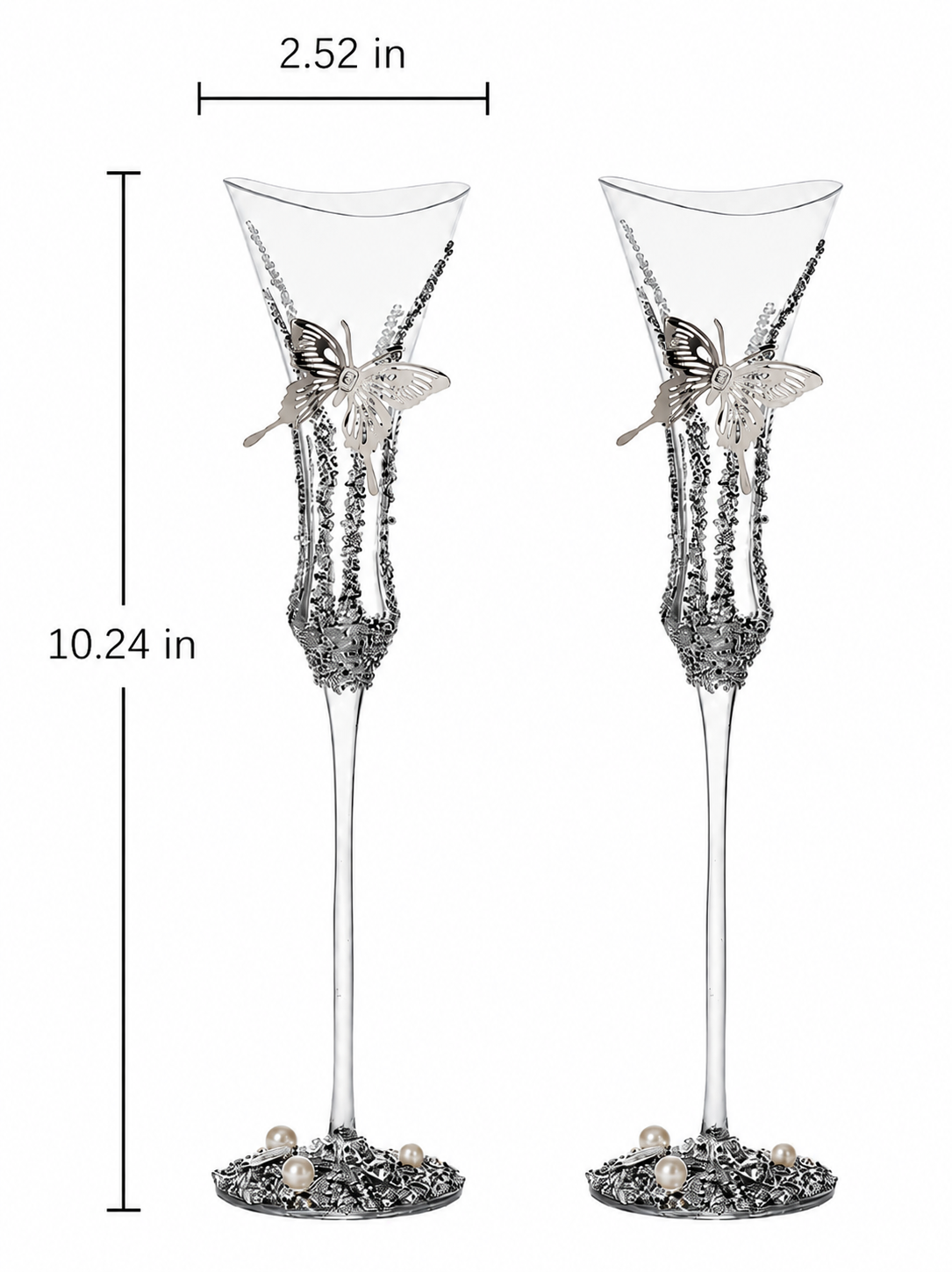 Silver Butterfly Luxe Champagne Glass Pair – Minimalist Couple Gift