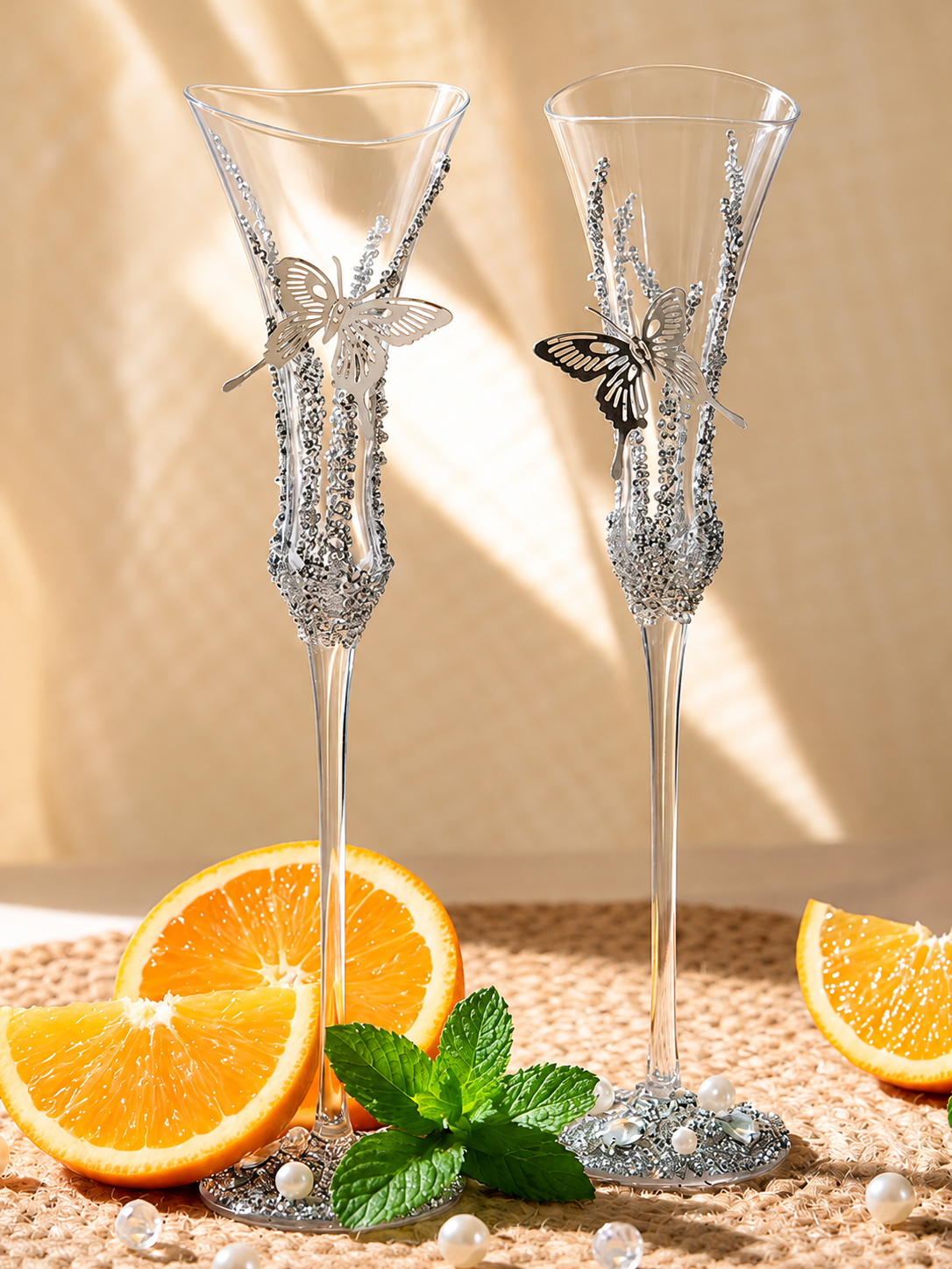 Silver Butterfly Luxe Champagne Glass Pair – Minimalist Couple Gift
